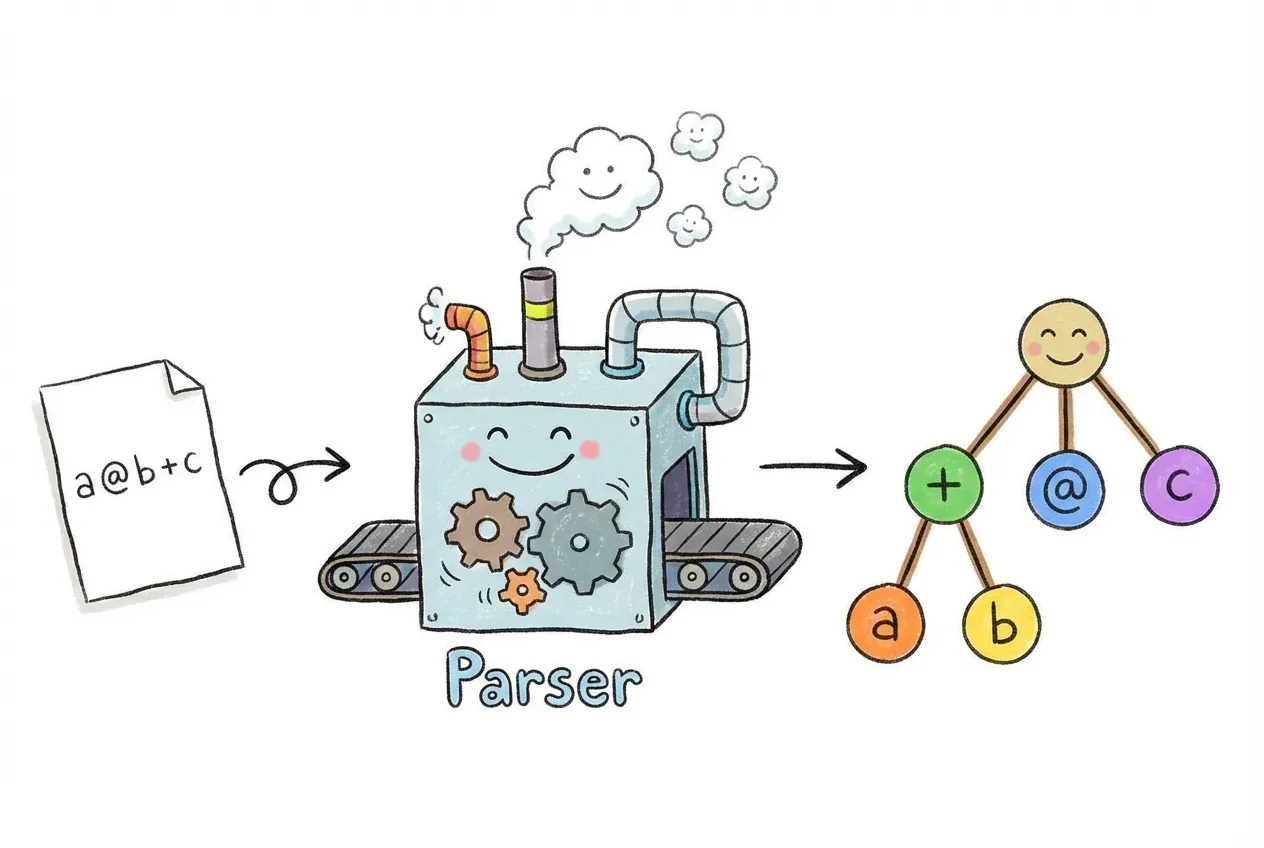 A string expression being fed into a parser machine and producing an abstract syntax tree