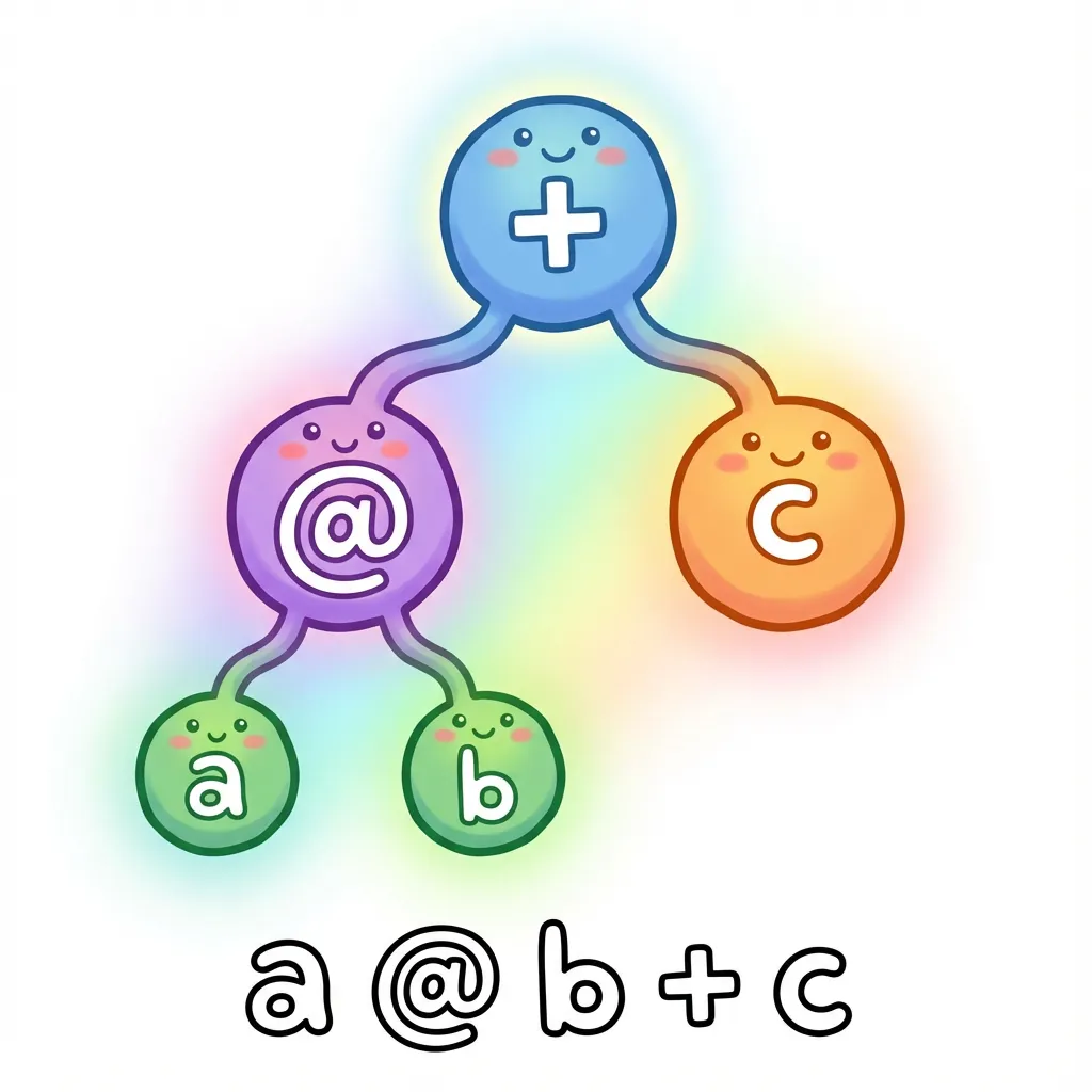 Abstract Syntax Tree for 'a @ b + c' showing (+) at the root with (@) and c as children, and a and b as leaves