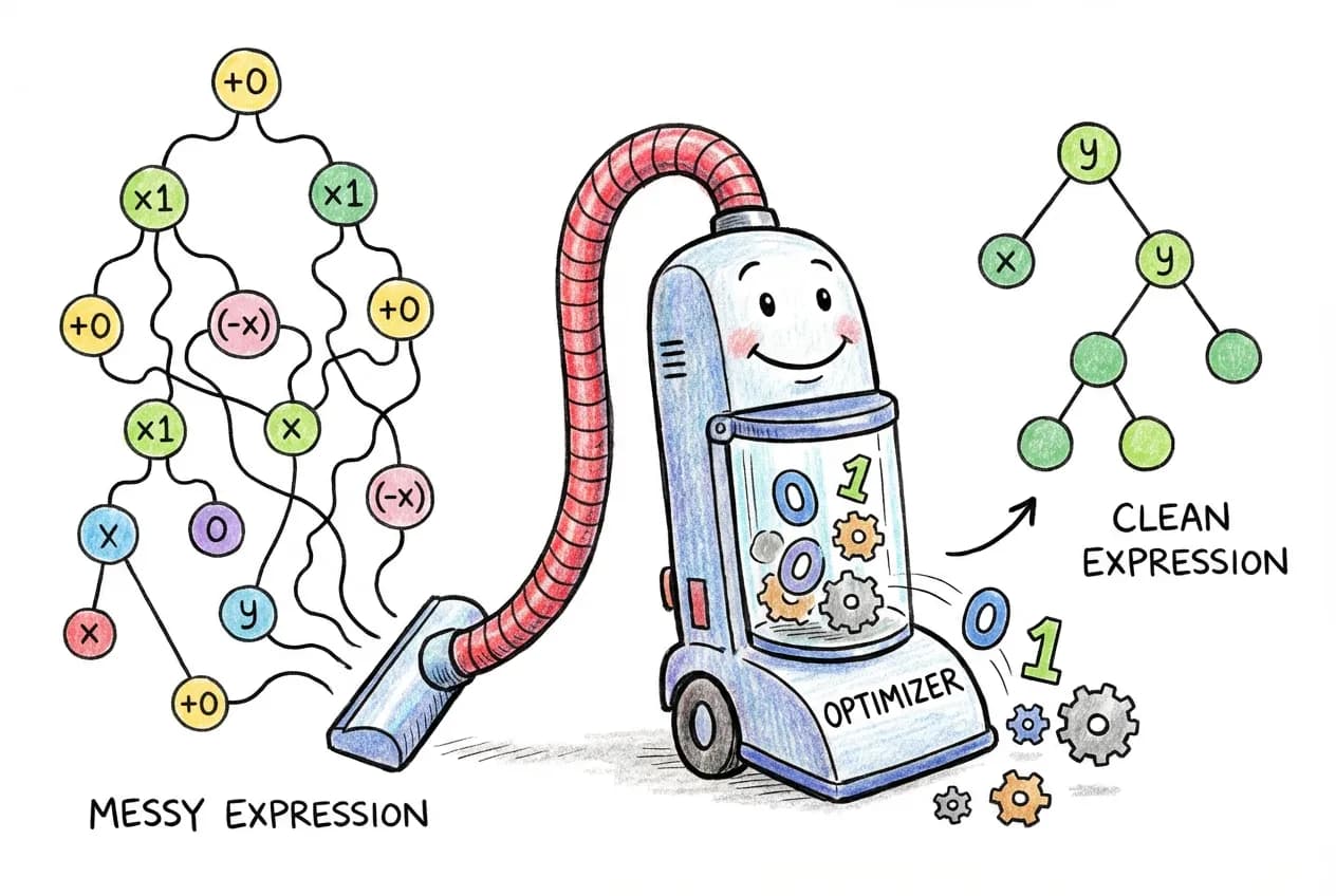 A cute optimizer machine simplifying expression trees by removing redundant operations