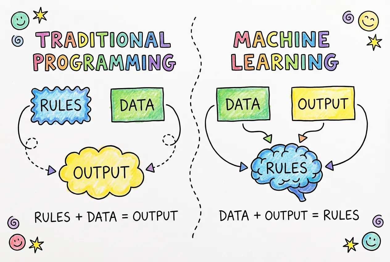 Traditional programming vs machine learning paradigm