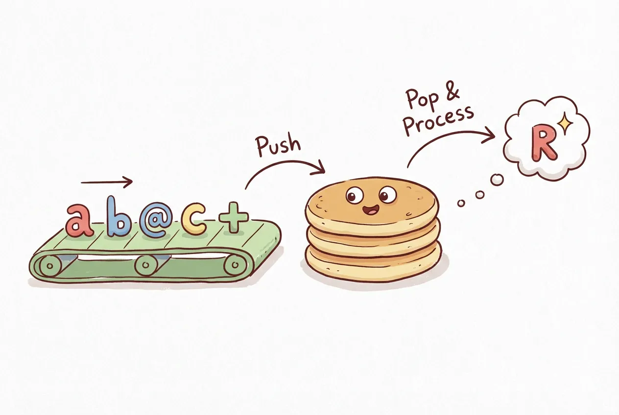 Tokens flowing through a stack-based evaluator for RPN expressions