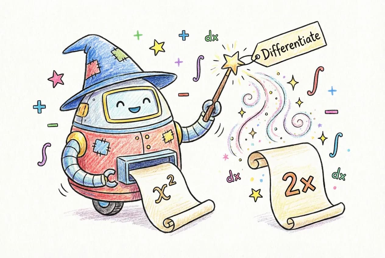 A friendly robot wizard applying differentiation rules to transform expressions