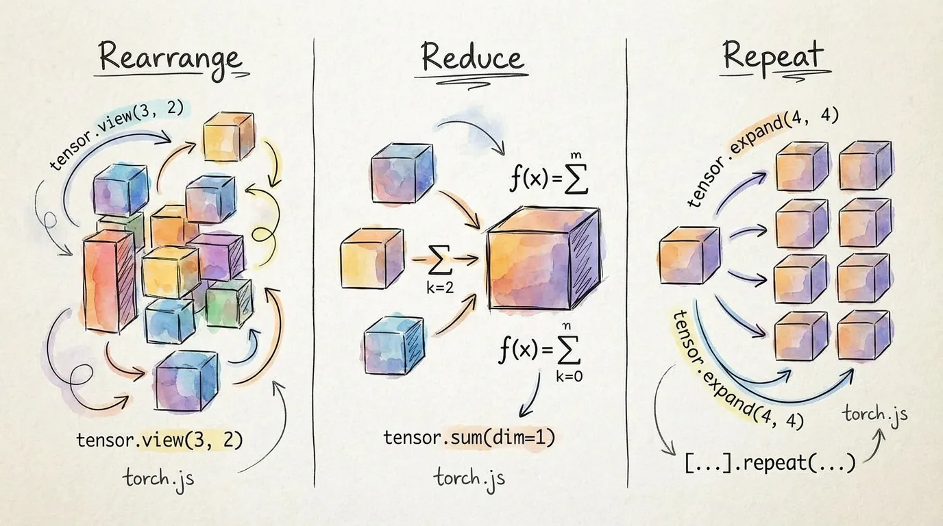 Visualization of Einstein operations: Rearrange, Reduce, and Repeat