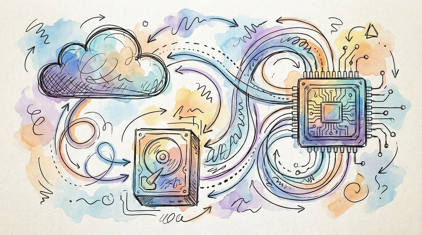 Diagram of data moving between Cloud, IndexedDB, and Worker memory